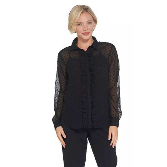 BROOKE SHIELDS Timeless Button Front Blouse With Ruffle Black Reg 10 New A342217 - Picture 1 of 8